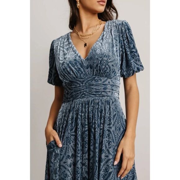 NWT Baltic Born Leslie Blue Velvet Maxi Dress 2XL Puff Sleeves Boho Formal - Picture 2 of 12
